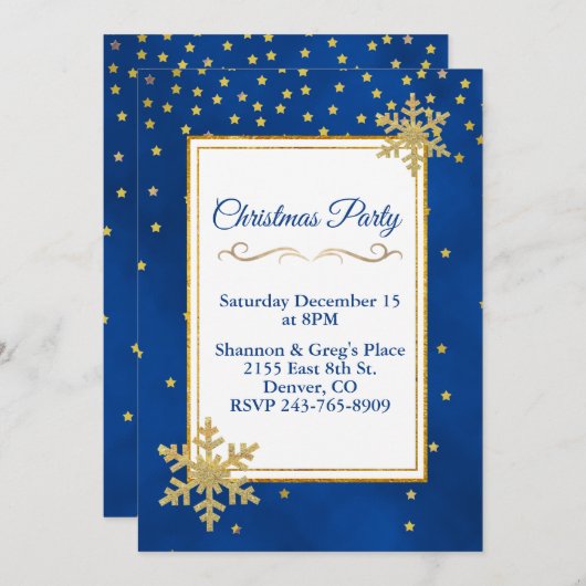 金ゴールドスターズアンドスノーフレークスホリデーパーティー招待状 招待状 (正面/裏面)