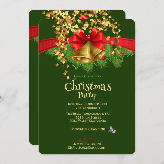 金ゴールドスターズアンドベルズクリスマスパーティの招待状 招待状 (正面/裏面)