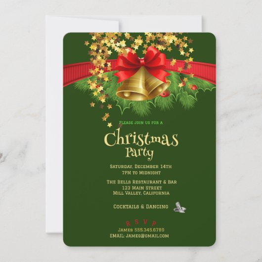 金ゴールドスターズアンドベルズクリスマスパーティの招待状 招待状 (正面)