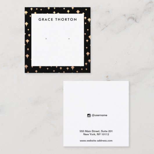 金ゴールドスターズイヤリングブラックジュエリーディスプレイカード スクエア名刺 (正面/裏面)