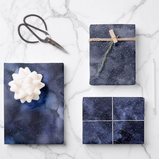 金ゴールドスターズオンネイビーナイトスカイラッピング紙シート ラッピングペーパーシート (正面)