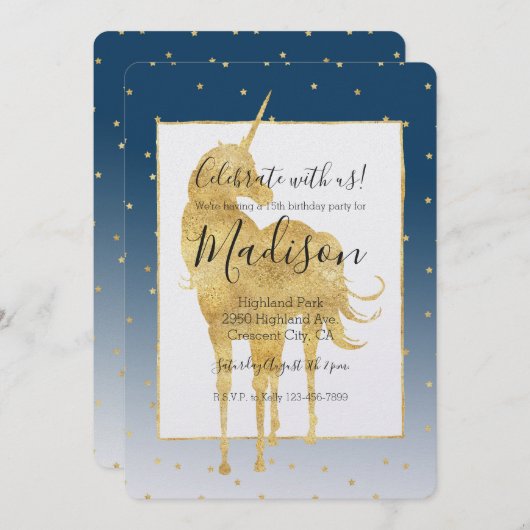 金ゴールドスターズスカイシャインブライトユニコーングラデーション誕生日 招待状 (正面/裏面)