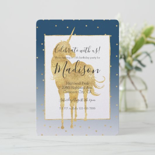金ゴールドスターズスカイシャインブライトユニコーングラデーション誕生日 招待状 (スタンド正面)