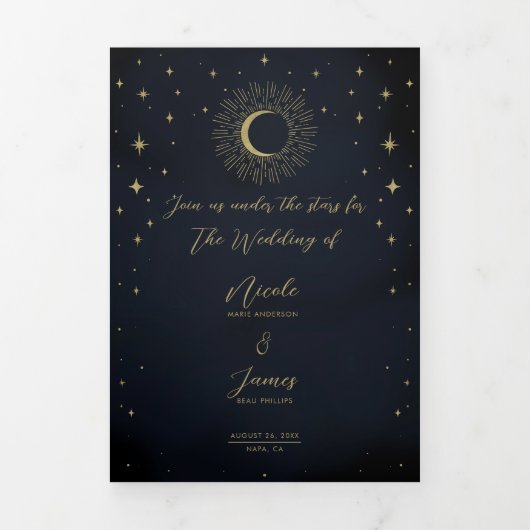 金ゴールドスターズナイトシナ日が差すことフォト結婚ズ 三つ折り招待状 (カバー)