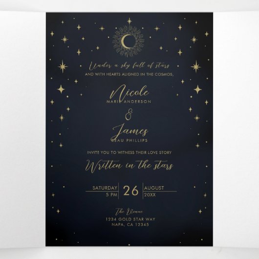 金ゴールドスターズナイトシナ日が差すことフォト結婚ズ 三つ折り招待状 (内部中)