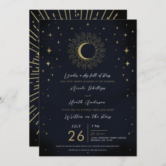 金ゴールドスターズナイトシナ日が差すことフォト結婚ズ 招待状 (正面/裏面)