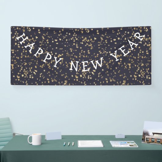 金ゴールドスターズネイビーブルーハッピーニューイヤー 横断幕 (トレードショー)