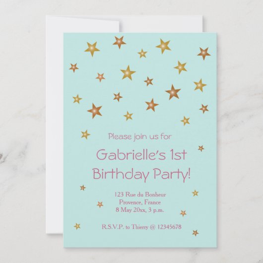 金ゴールドスターズピンクターコイズスウィートベビー子供の誕生日 招待状 (正面)