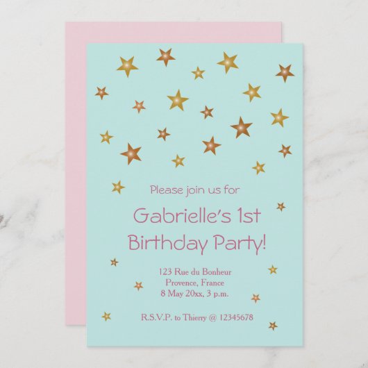 金ゴールドスターズピンクターコイズスウィートベビー子供の誕生日 招待状 (正面/裏面)