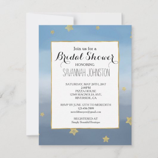 金ゴールドスターズブルーウォーターカラースカイブライダルシャワー 招待状 (正面)