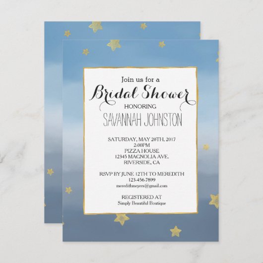 金ゴールドスターズブルーウォーターカラースカイブライダルシャワー 招待状 (正面/裏面)