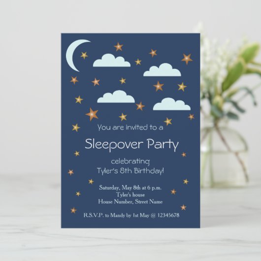 金ゴールドスターズブルークラウド誕生日スリープバーパーティー 招待状 (スタンド正面)