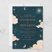 金ゴールドスターズムーンインディゴシナ結婚ル 招待状 (正面)