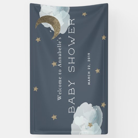 金ゴールドスターズムーンクラウドネイビーブルーベビーシャワーバナー 横断幕 (縦)
