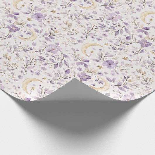 金ゴールドスターズムーンパープルフラワーズ誕生日 ラッピングペーパー (角)