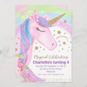 金ゴールドスターズレインボーユニコーン誕生日招待状 招待状 (正面/裏面)