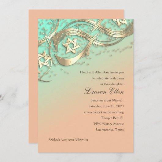 金ゴールドスターズ紙吹雪フローリッシュバルミツワーアクア 招待状 (正面/裏面)