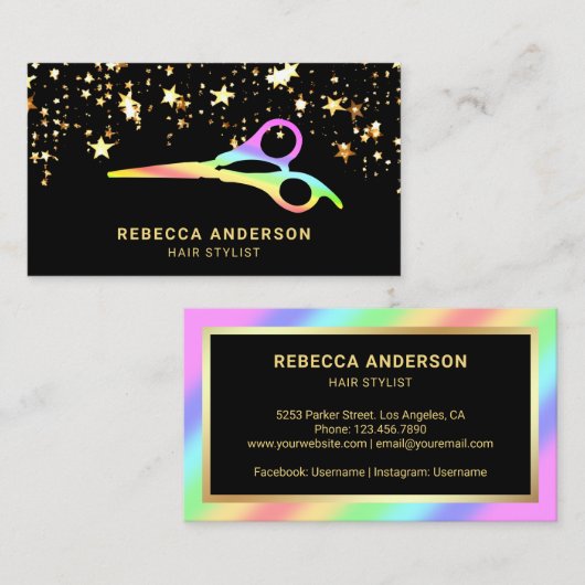 金ゴールドスターズ紙吹雪レインボーシザーズ美容師 名刺 (正面/裏面)
