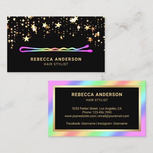 金ゴールドスターズ紙吹雪レインボーヘアピン美容師 名刺 (正面/裏面)
