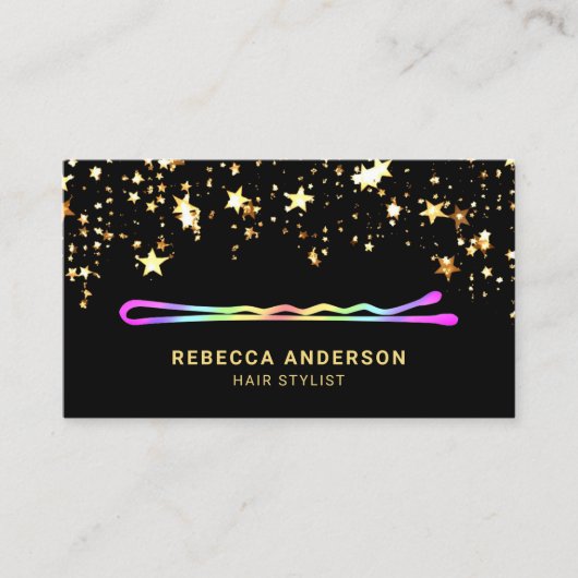 金ゴールドスターズ紙吹雪レインボーヘアピン美容師 名刺 (正面)