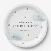金ゴールドスターズ&ブルークラウドキッド誕生日 ペーパープレート (正面)
