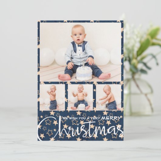 金ゴールドスターズNavy Blue複数フォトクリスマス シーズンカード (スタンド正面)