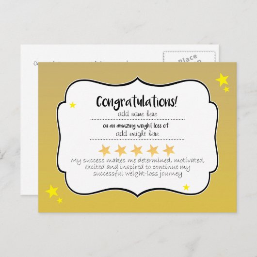 金ゴールドスターダイエットフィットネスおめでとう証明書 ポストカード (正面/裏面)