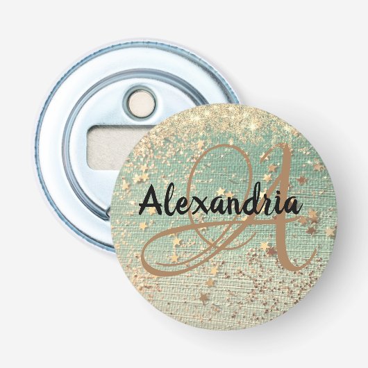 金ゴールドスターダストオンシーグリーンパーソナライズされた 栓抜き (正面)