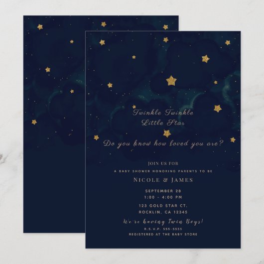 金ゴールドスターダークブルーナイトスカイベビーシャワーツイン 招待状 (正面/裏面)