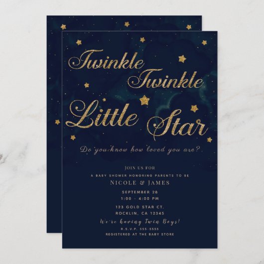 金ゴールドスターダークブルーナイトスカイベビーシャワーツイン 招待状 (正面/裏面)