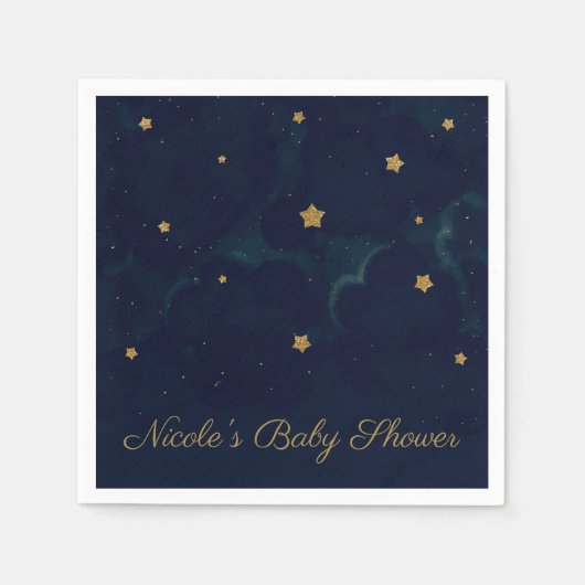 金ゴールドスターダークブルーナイトスカイベビーシャワーパーティー スタンダードカクテルナプキン (正面)