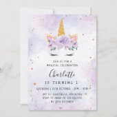 金ゴールドスターティール（緑がかった色）パープルユニコーン誕生日 招待状 (正面)