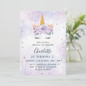 金ゴールドスターティール（緑がかった色）パープルユニコーン誕生日 招待状 (スタンド正面)