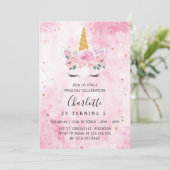 金ゴールドスターティール(緑がかった色)ピンクユニコーン誕生日 招待状 (スタンド正面)