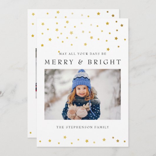 金ゴールドスタートメリーと明るいフォトホリデーカード シーズンカード (正面/裏面)