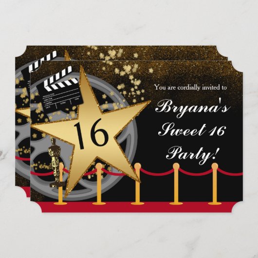 金ゴールドスターハリウッドレッドカーペットパーティの招待状 招待状 (正面/裏面)