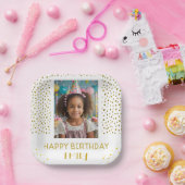 金ゴールドスターフェイクグリッター誕生日キッズガールフォト ペーパープレート (パーティー)