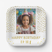 金ゴールドスターフェイクグリッター誕生日キッズガールフォト ペーパープレート (正面)