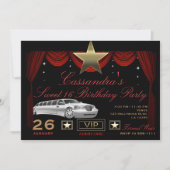 金ゴールドスターブラックレッドリムハリウッドバースデーパーティー 招待状 (正面)