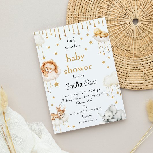 金ゴールドスターベビーシャワースリーピーウッドランド動物 招待状