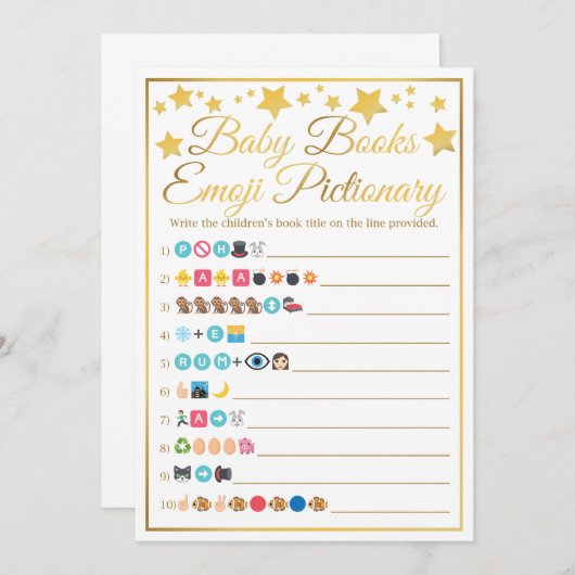 金ゴールドスターベビーシャワー絵文字ベビーブックゲーム 招待状 (正面/裏面)