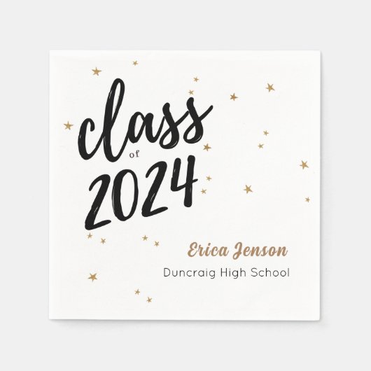 金ゴールドスター名前をカスタムする卒業パーティナプキンス スタンダードカクテルナプキン (正面)