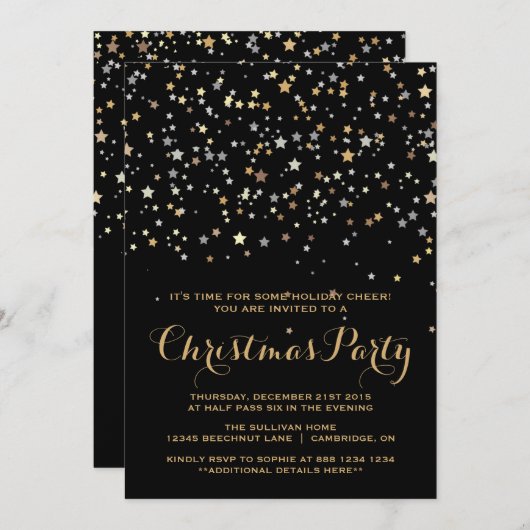 金ゴールドスター紙吹雪クリスマスパーティの招待状 招待状 (正面/裏面)