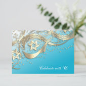 金ゴールドスター紙吹雪フローリッシュRSVPカードターコイズ 招待状 (スタンド正面)