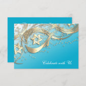 金ゴールドスター紙吹雪フローリッシュRSVPカードターコイズ 招待状 (正面/裏面)