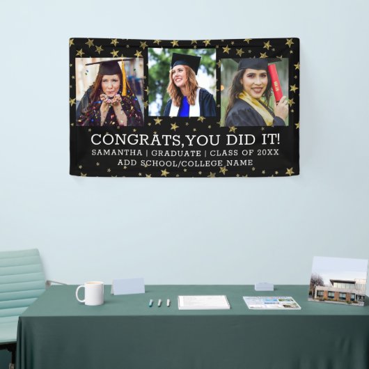 金ゴールドスター3フォトコラージュおめでとう大学院黒 横断幕 (トレードショー)