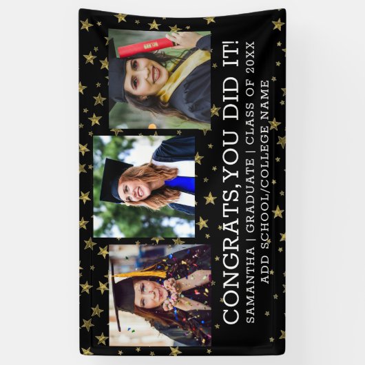 金ゴールドスター3フォトコラージュおめでとう大学院黒 横断幕 (縦)