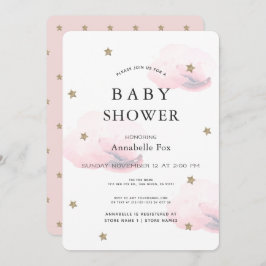 金ゴールドスター&ふわふわピンク雲ベビーシャワー 招待状