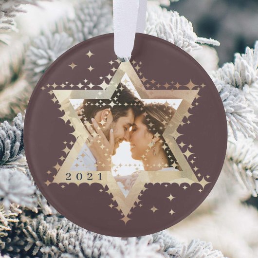 金ゴールドスター・オブ・デイビッドMr. & Mrs.ファースト・ハヌカー写真 オーナメント