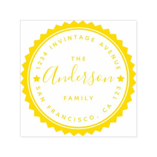 金ゴールドスター&スクリプトラウンドタイポグラフィ差出人住所 セルフインキングスタンプ (デザイン)